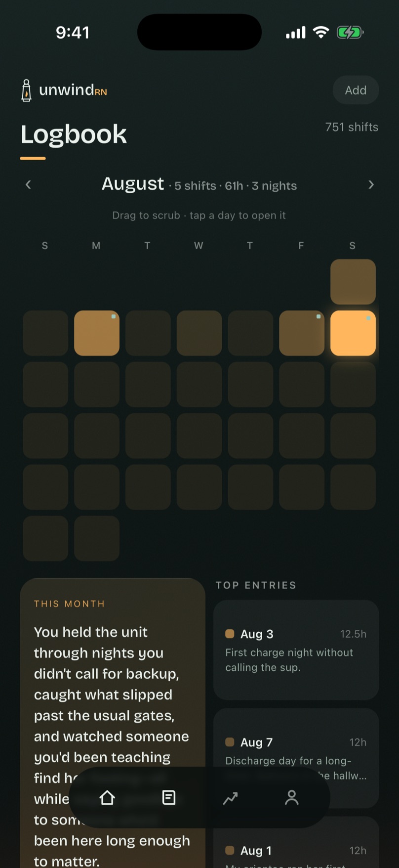 The logbook — August filling in, shift by shift